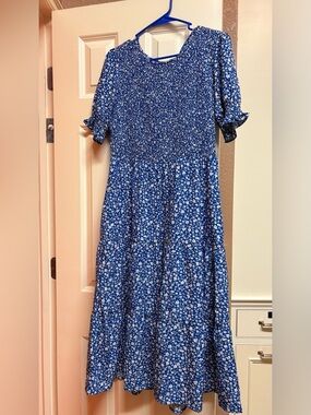 Blue Floral Smock Midi Dress